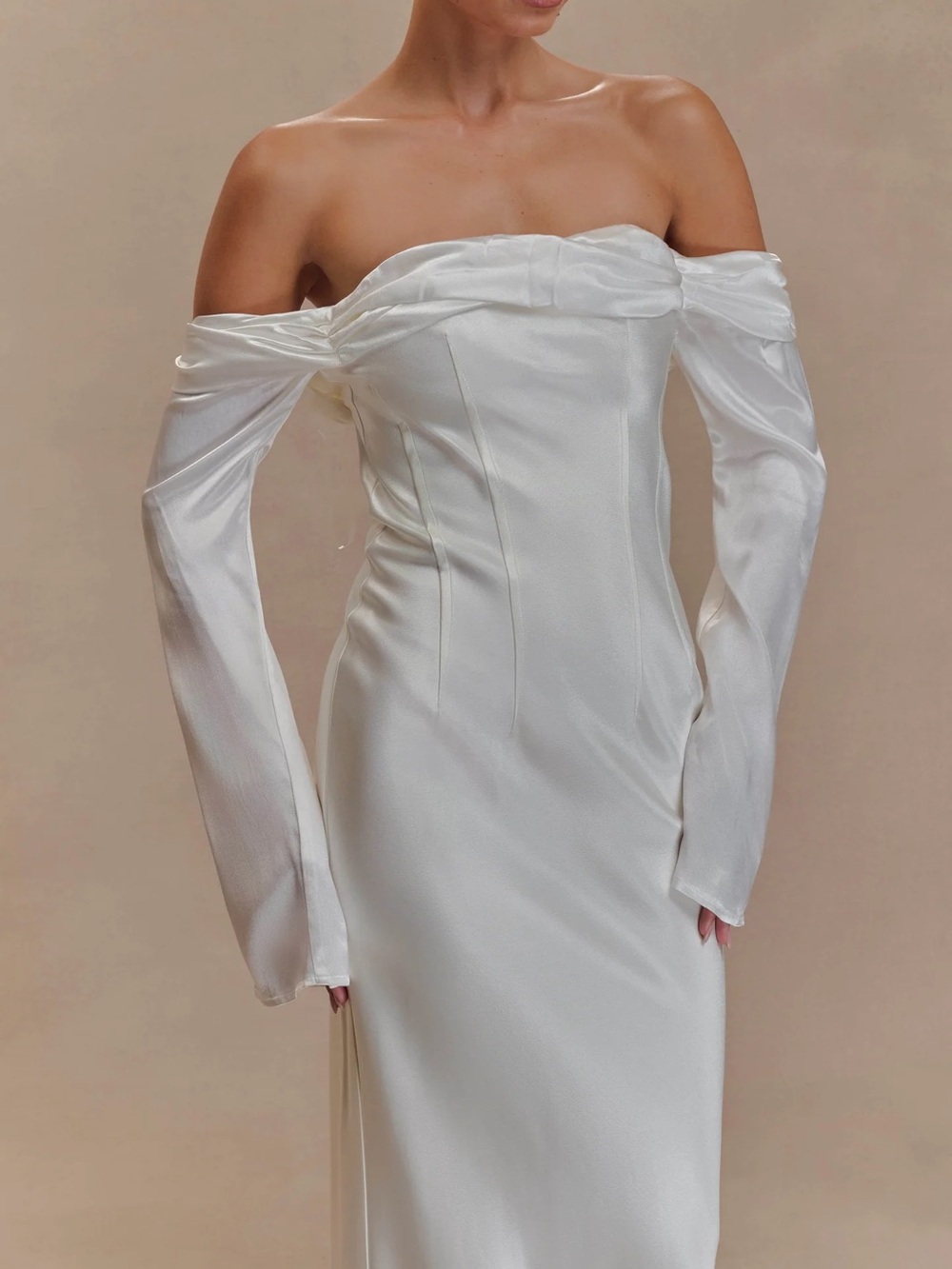 Meshki Off-Shoulder Satin Gown in White